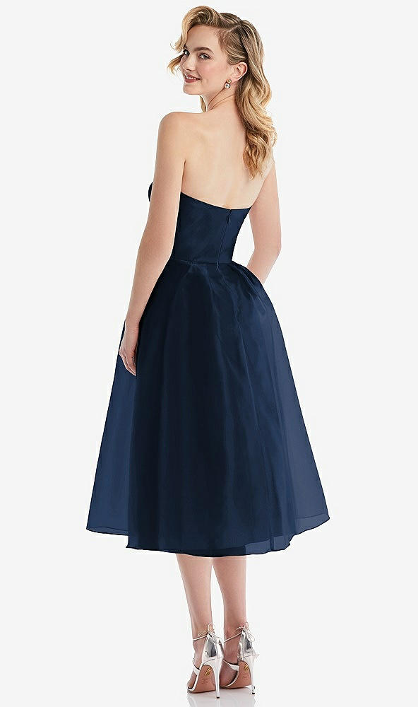 Back View - Midnight Navy Strapless Pleated Skirt Organdy Midi Dress