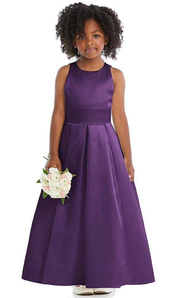 Front View - Majestic Sleeveless Pleated Skirt Satin Flower Girl Dress