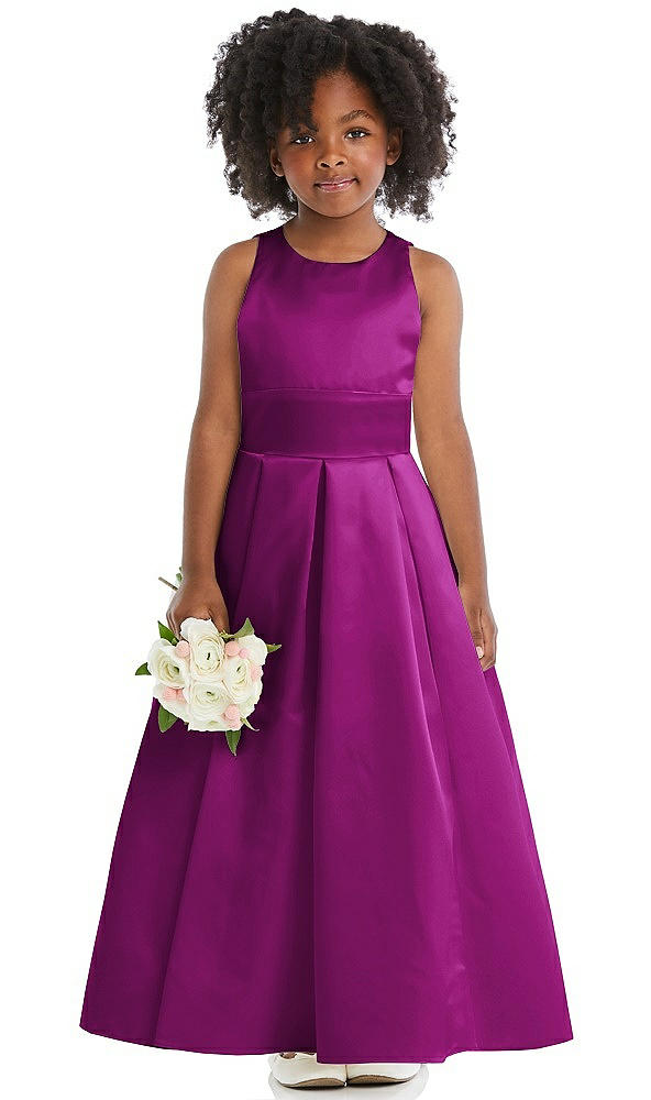 Front View - Persian Plum Sleeveless Pleated Skirt Satin Flower Girl Dress