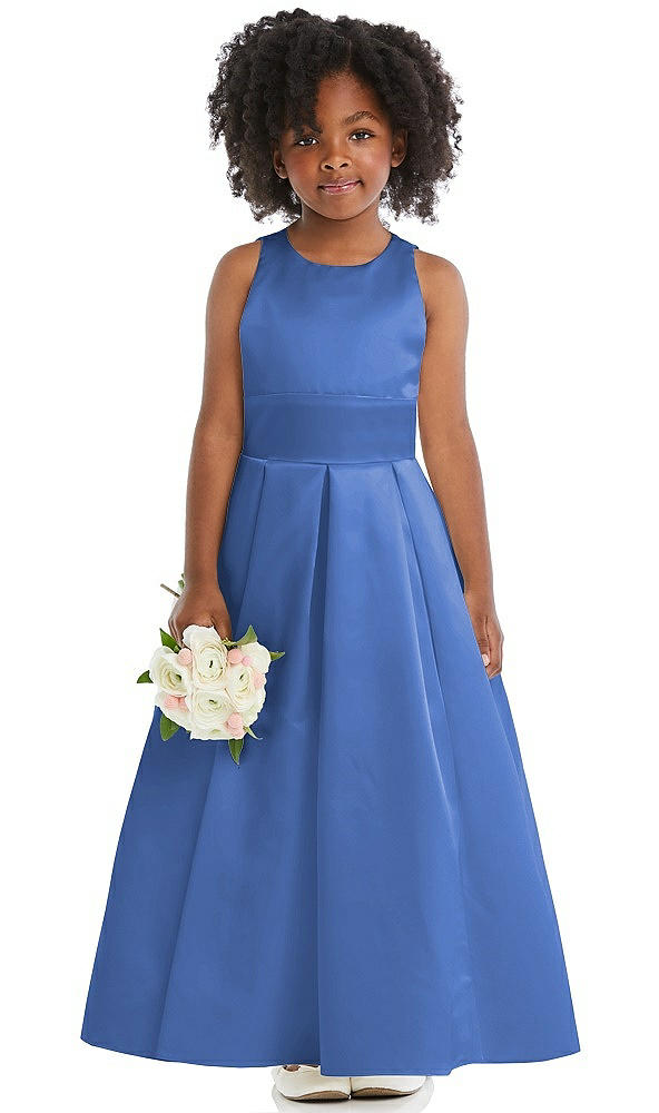 Front View - Cornflower Sleeveless Pleated Skirt Satin Flower Girl Dress