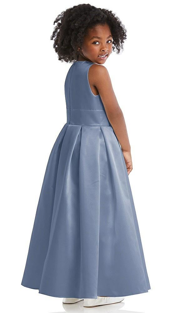 Back View - Larkspur Blue Sleeveless Pleated Skirt Satin Flower Girl Dress