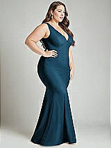 Alt View 3 Thumbnail - Atlantic Blue Shirred Shoulder Stretch Satin Mermaid Dress with Slight Train