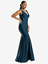 Side View Thumbnail - Atlantic Blue Shirred Shoulder Stretch Satin Mermaid Dress with Slight Train