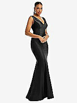 Alt View 1 Thumbnail - Black Shirred Shoulder Stretch Satin Mermaid Dress with Slight Train