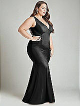 Alt View 3 Thumbnail - Black Shirred Shoulder Stretch Satin Mermaid Dress with Slight Train