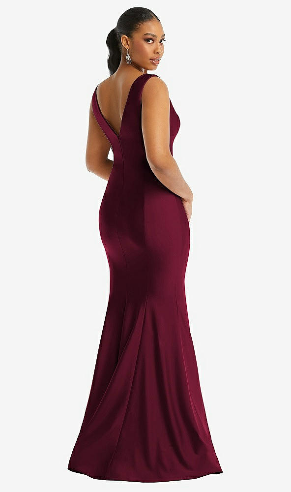 Back View - Cabernet Shirred Shoulder Stretch Satin Mermaid Dress with Slight Train