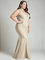 Alt View 3 Thumbnail - Champagne Shirred Shoulder Stretch Satin Mermaid Dress with Slight Train