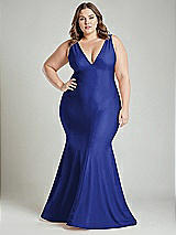 Alt View 2 Thumbnail - Cobalt Blue Shirred Shoulder Stretch Satin Mermaid Dress with Slight Train