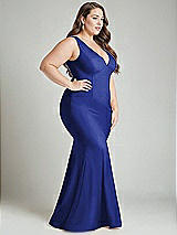 Alt View 3 Thumbnail - Cobalt Blue Shirred Shoulder Stretch Satin Mermaid Dress with Slight Train