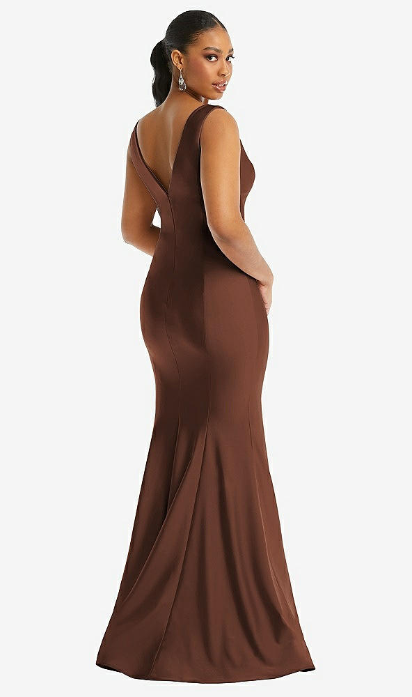 Back View - Cognac Shirred Shoulder Stretch Satin Mermaid Dress with Slight Train