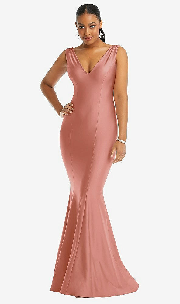 Front View - Desert Rose Shirred Shoulder Stretch Satin Mermaid Dress with Slight Train