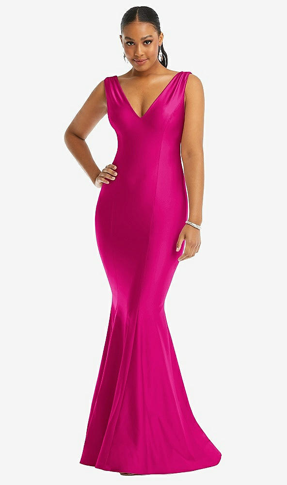 Front View - Think Pink Shirred Shoulder Stretch Satin Mermaid Dress with Slight Train