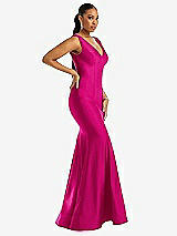 Side View Thumbnail - Think Pink Shirred Shoulder Stretch Satin Mermaid Dress with Slight Train