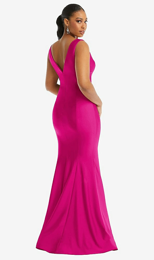 Back View - Think Pink Shirred Shoulder Stretch Satin Mermaid Dress with Slight Train