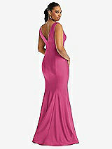 Rear View Thumbnail - Tea Rose Shirred Shoulder Stretch Satin Mermaid Dress with Slight Train