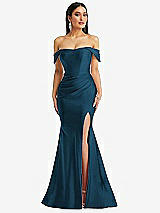 Alt View 1 Thumbnail - Atlantic Blue Off-the-Shoulder Corset Stretch Satin Mermaid Dress with Slight Train