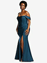 Rear View Thumbnail - Atlantic Blue Off-the-Shoulder Corset Stretch Satin Mermaid Dress with Slight Train