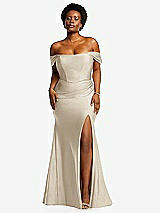 Front View Thumbnail - Champagne Off-the-Shoulder Corset Stretch Satin Mermaid Dress with Slight Train