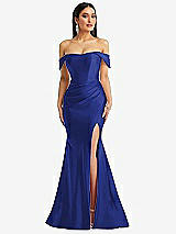 Alt View 1 Thumbnail - Cobalt Blue Off-the-Shoulder Corset Stretch Satin Mermaid Dress with Slight Train