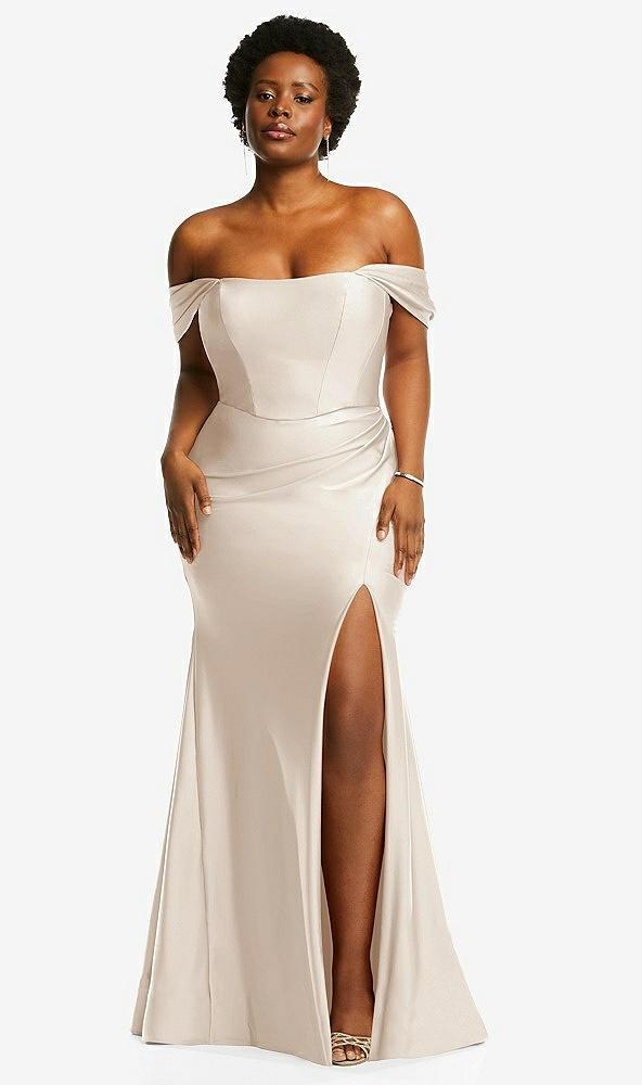 Front View - Oat Off-the-Shoulder Corset Stretch Satin Mermaid Dress with Slight Train