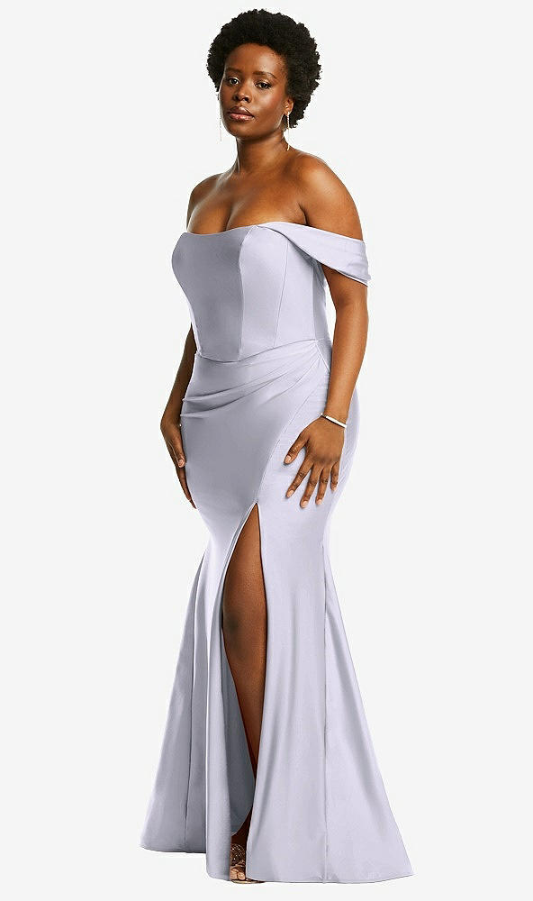 Back View - Silver Dove Off-the-Shoulder Corset Stretch Satin Mermaid Dress with Slight Train