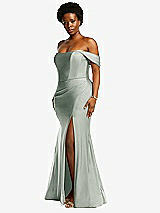 Side View Thumbnail - Willow Green Off-the-Shoulder Corset Stretch Satin Mermaid Dress with Slight Train