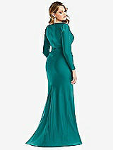 Rear View Thumbnail - Peacock Teal Long Sleeve Draped Wrap Stretch Satin Mermaid Dress with Slight Train