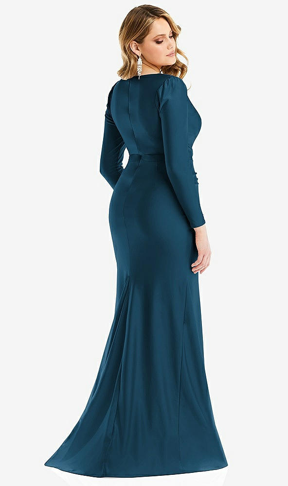 Back View - Atlantic Blue Long Sleeve Draped Wrap Stretch Satin Mermaid Dress with Slight Train