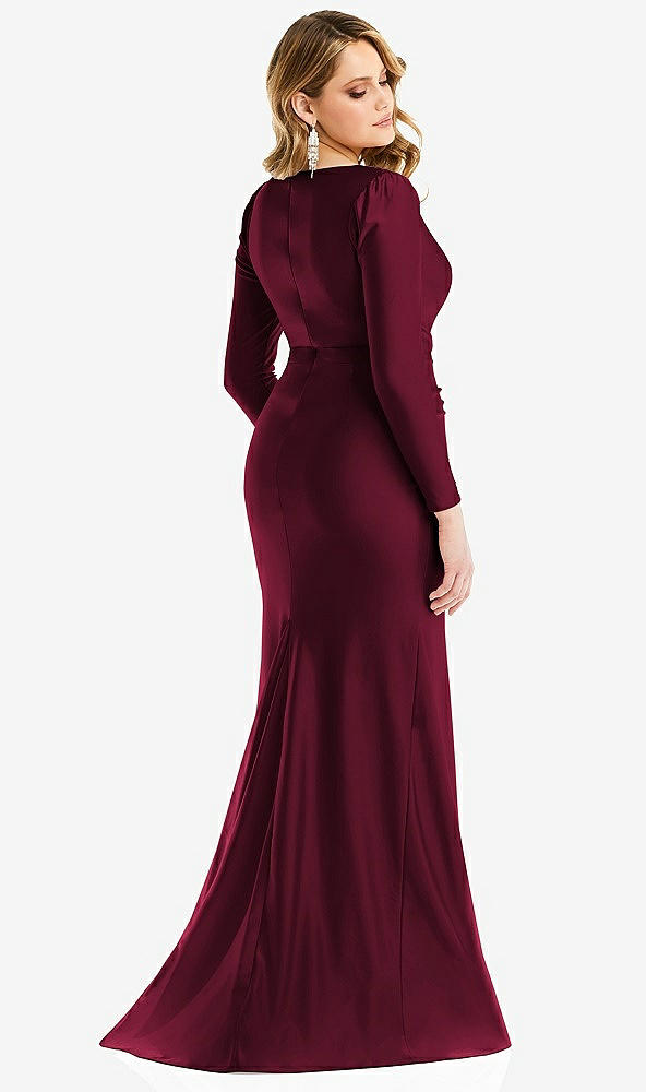 Back View - Cabernet Long Sleeve Draped Wrap Stretch Satin Mermaid Dress with Slight Train