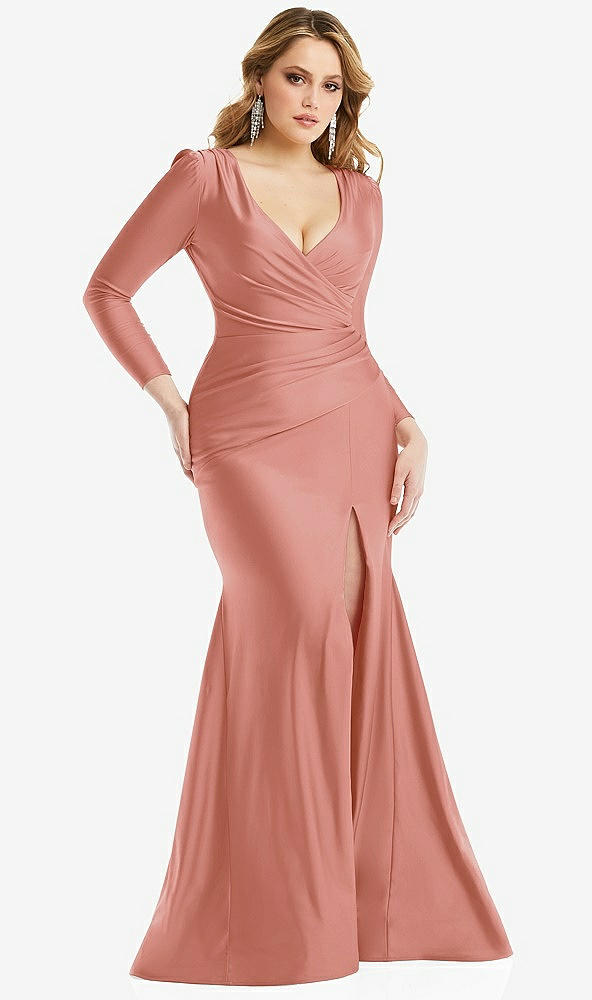 Front View - Desert Rose Long Sleeve Draped Wrap Stretch Satin Mermaid Dress with Slight Train