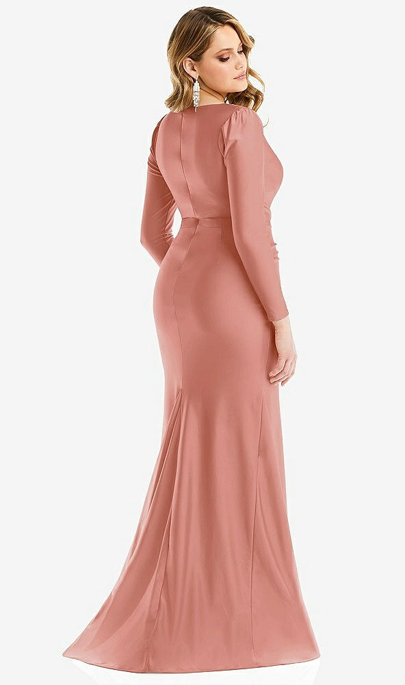 Back View - Desert Rose Long Sleeve Draped Wrap Stretch Satin Mermaid Dress with Slight Train