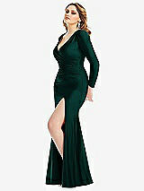 Side View Thumbnail - Evergreen Long Sleeve Draped Wrap Stretch Satin Mermaid Dress with Slight Train