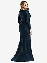 Rear View Thumbnail - Midnight Navy Long Sleeve Draped Wrap Stretch Satin Mermaid Dress with Slight Train