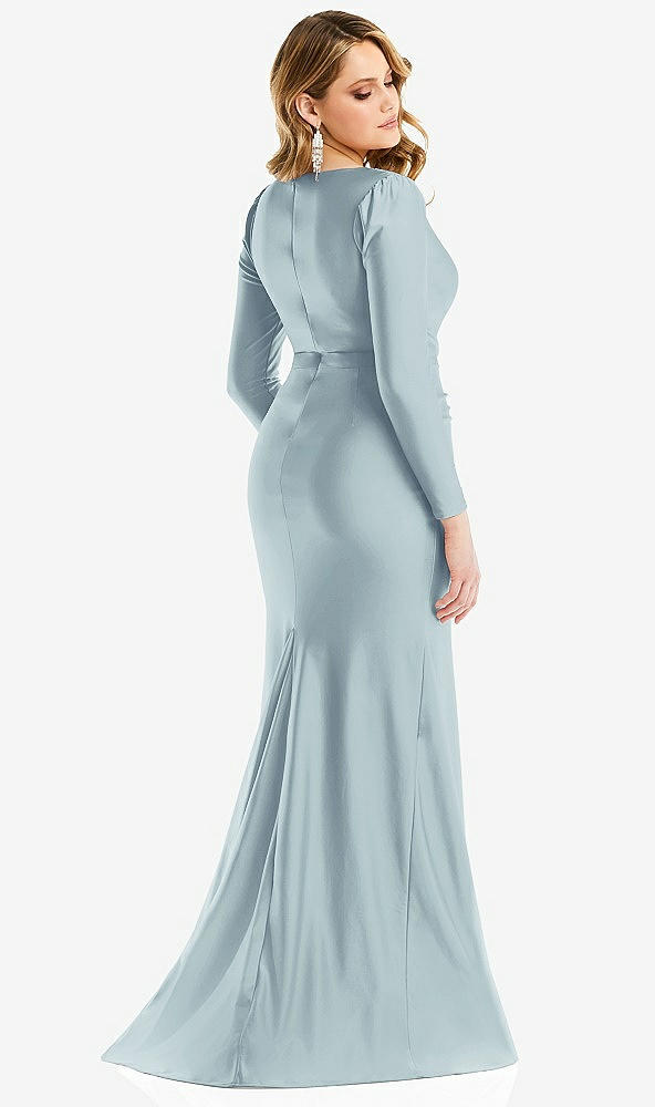 Back View - Mist Long Sleeve Draped Wrap Stretch Satin Mermaid Dress with Slight Train