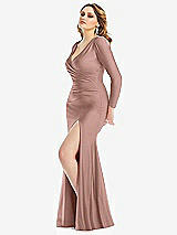 Side View Thumbnail - Neu Nude Long Sleeve Draped Wrap Stretch Satin Mermaid Dress with Slight Train