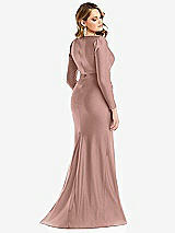 Rear View Thumbnail - Neu Nude Long Sleeve Draped Wrap Stretch Satin Mermaid Dress with Slight Train