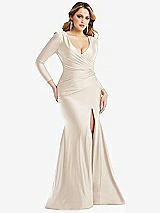 Front View Thumbnail - Oat Long Sleeve Draped Wrap Stretch Satin Mermaid Dress with Slight Train