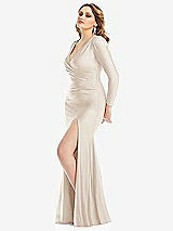 Side View Thumbnail - Oat Long Sleeve Draped Wrap Stretch Satin Mermaid Dress with Slight Train