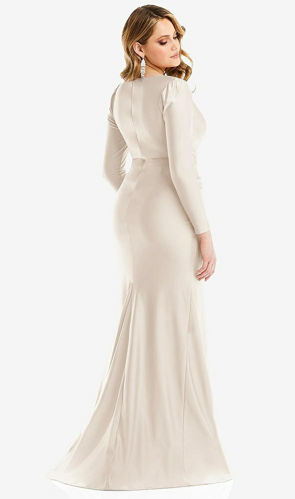 Back View - Oat Long Sleeve Draped Wrap Stretch Satin Mermaid Dress with Slight Train