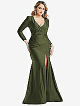 Front View Thumbnail - Olive Green Long Sleeve Draped Wrap Stretch Satin Mermaid Dress with Slight Train