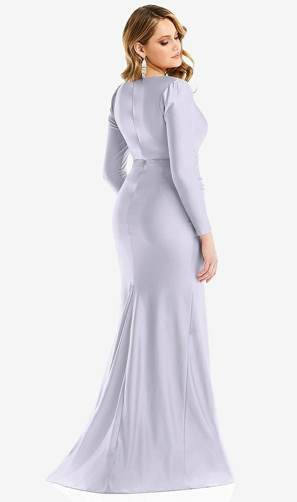 Back View - Silver Dove Long Sleeve Draped Wrap Stretch Satin Mermaid Dress with Slight Train