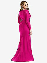 Rear View Thumbnail - Think Pink Long Sleeve Draped Wrap Stretch Satin Mermaid Dress with Slight Train