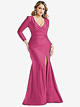 Front View Thumbnail - Tea Rose Long Sleeve Draped Wrap Stretch Satin Mermaid Dress with Slight Train