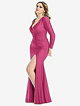 Side View Thumbnail - Tea Rose Long Sleeve Draped Wrap Stretch Satin Mermaid Dress with Slight Train