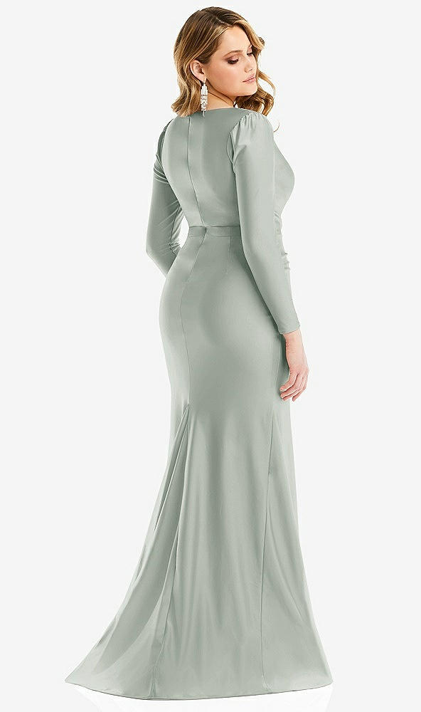 Back View - Willow Green Long Sleeve Draped Wrap Stretch Satin Mermaid Dress with Slight Train