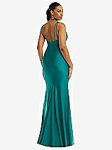 Rear View Thumbnail - Peacock Teal Deep V-Neck Stretch Satin Mermaid Dress with Slight Train