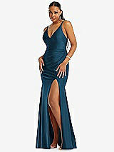 Front View Thumbnail - Atlantic Blue Deep V-Neck Stretch Satin Mermaid Dress with Slight Train