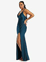 Side View Thumbnail - Atlantic Blue Deep V-Neck Stretch Satin Mermaid Dress with Slight Train