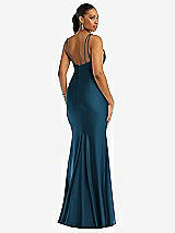 Rear View Thumbnail - Atlantic Blue Deep V-Neck Stretch Satin Mermaid Dress with Slight Train