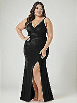 Alt View 2 Thumbnail - Black Deep V-Neck Stretch Satin Mermaid Dress with Slight Train